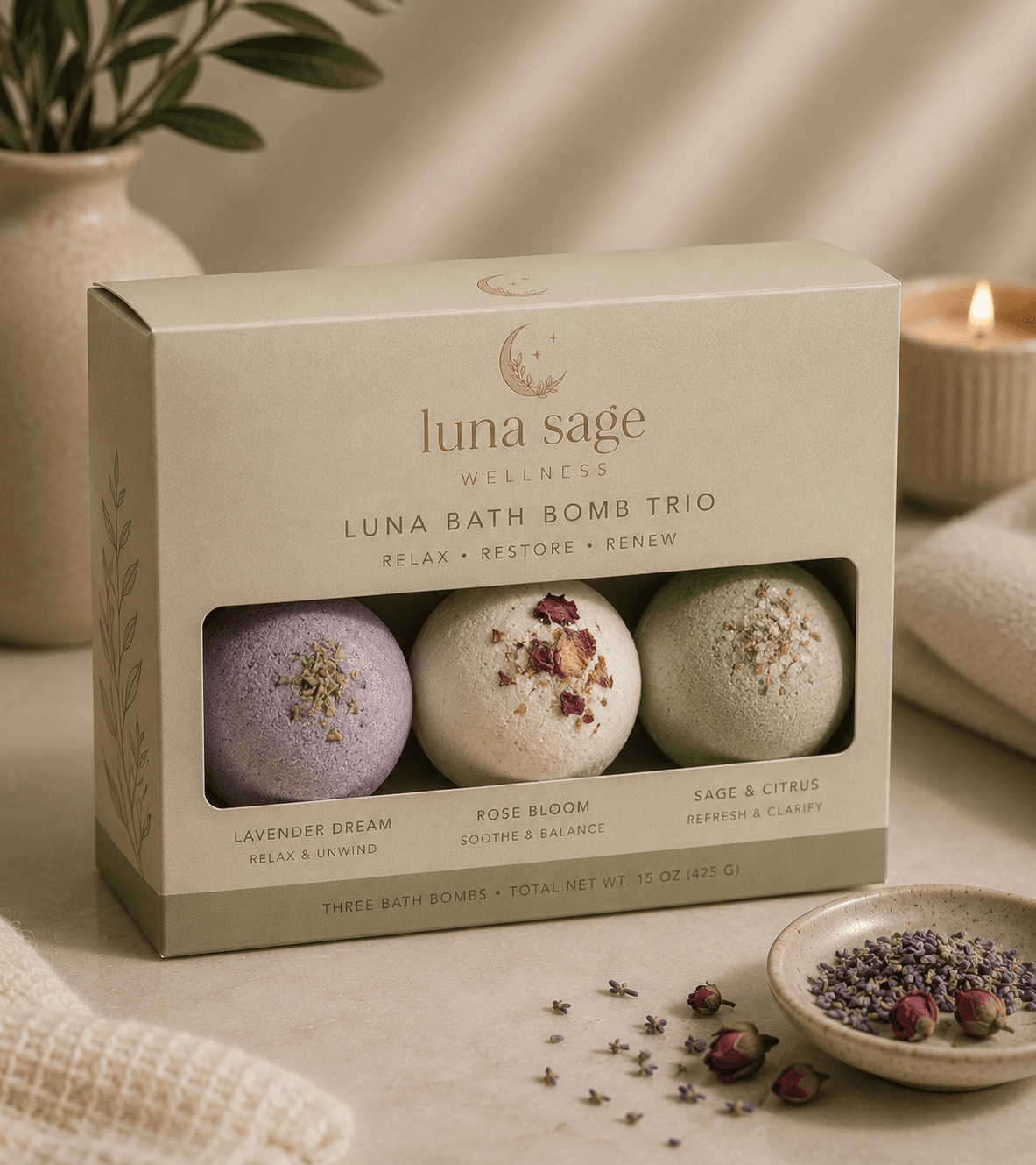 Luna Bath Bomb Trio — lavender, rose, and eucalyptus botanical bath bombs