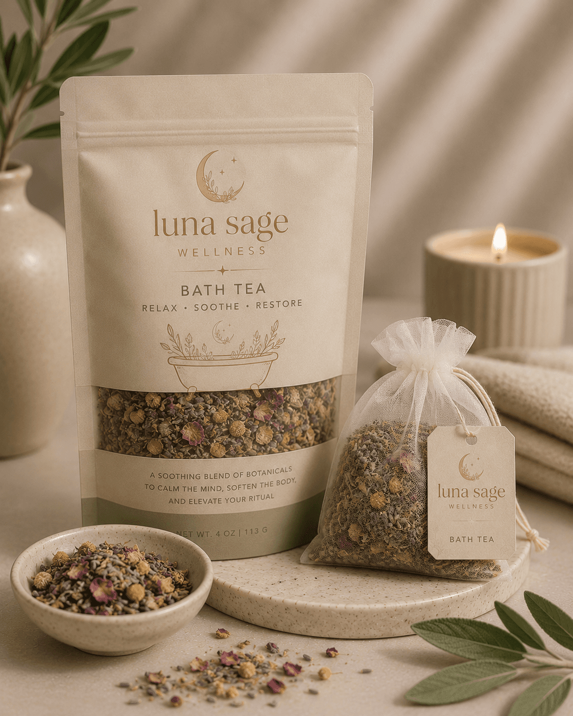 Luna Bath Tea — herbal bath sachet with chamomile, calendula, and rose