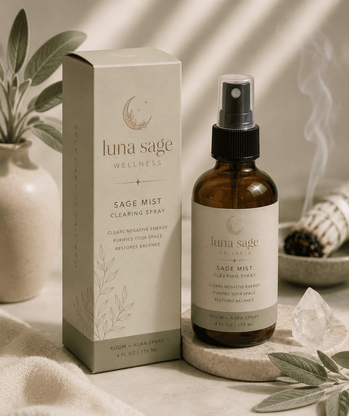 Sage Mist Clearing Spray — glass spray bottle with white sage